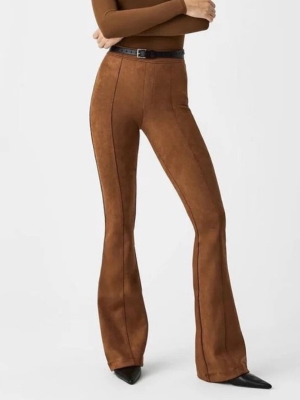 Spanx Faux Suede Flare Pants Caramel Brown High Rise Seamed Medium Long Tall